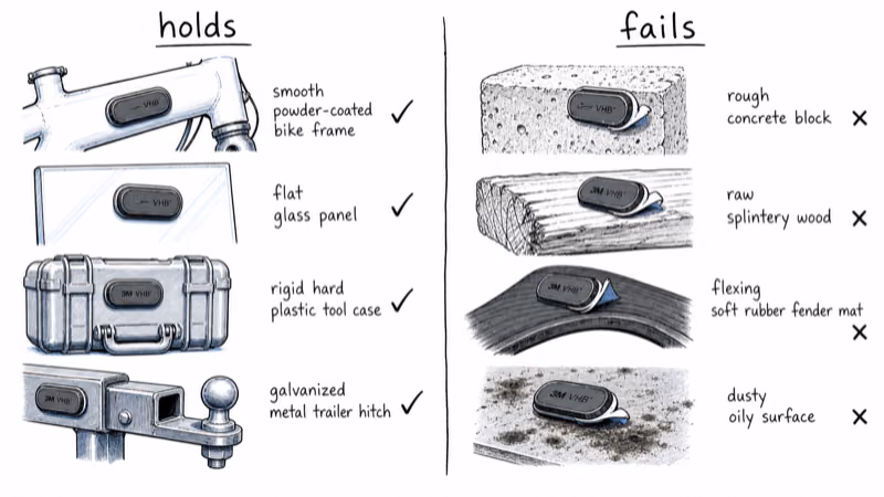 Surfaces the VHB mount holds on like powder-coated metal and glass versus ones it fails on like concrete and rubber