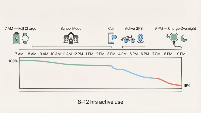 TickTalk 4 daily battery timeline showing typical usage from morning to evening