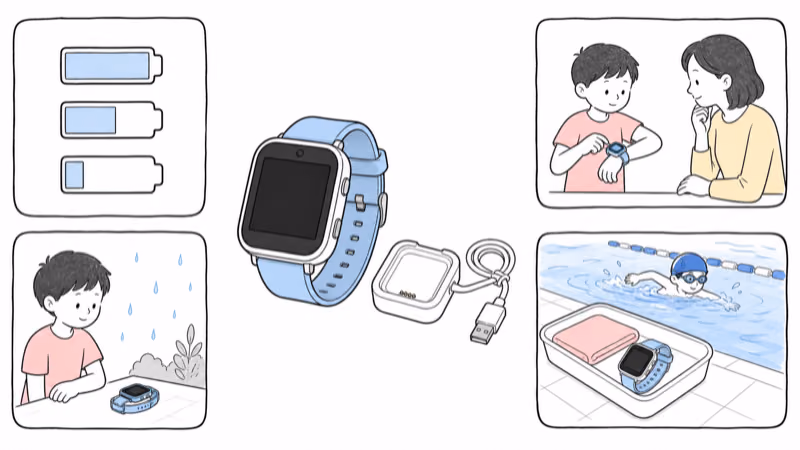 Wordless Notion-style inspection illustration showing an older TickTalk 4, charger, battery observation, wrist comfort check, minor-rain boundary, and the watch resting outside a swimming pool