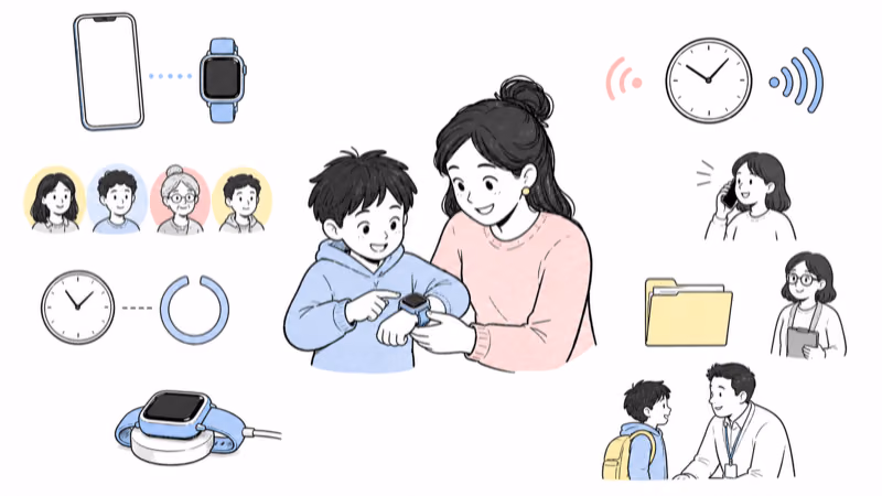 Wordless Notion-style illustration of a child and caregiver transparently testing a TickTalk 4 account, cellular service, approved contacts, ordinary communication, conditional location, school permission, charging, and human fallback