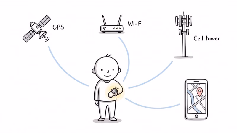 Diagram of GPS, Wi-Fi, and cell tower signals locating a child's smartwatch