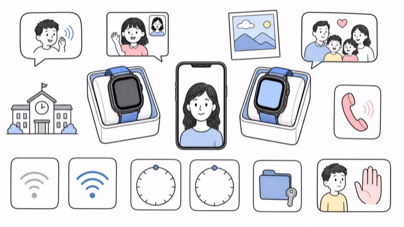 Wordless Notion-style balanced illustration of two equal watches with approved voice, video, photo, and family messaging, school and DND schedules, remaining caregiver SOS access, uncertain signal, privacy limits, and a child's stop choice
