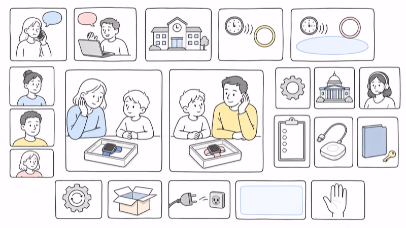 Wordless Notion-style reversible family trial for two equal removable watches with child participation, communication, school controls, conditional location, caregiver SOS, separate public-emergency configuration, non-medical boundaries, charging, privacy, fallback, reset, return, and service cancellation