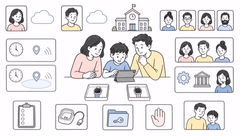Wordless Notion-style family planning illustration defining child participation, caregiver accounts, approved contacts, school permission, conditional location, caregiver SOS, separate public-emergency configuration, non-medical wellness boundaries, charging, privacy, fallback, and stop choice around two equal watches