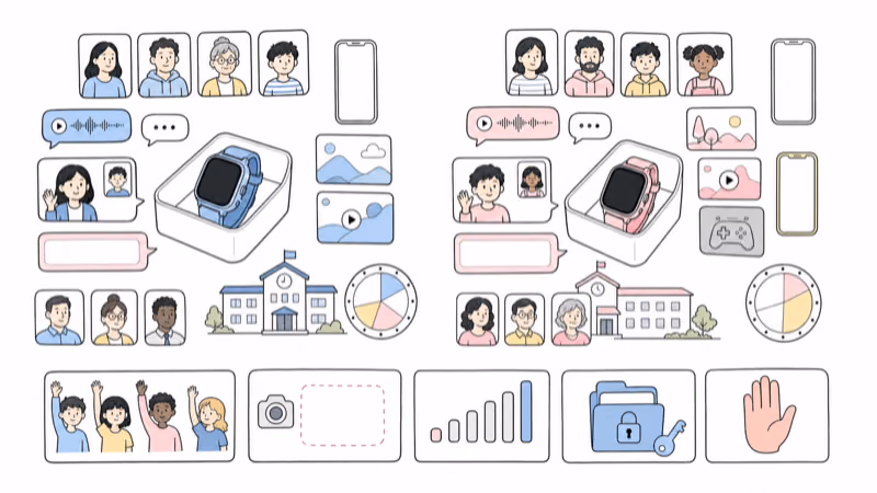 Wordless balanced illustration of approved-contact voice, video, and rich messaging, caregiver permissions, school schedules, remaining emergency-contact paths, camera policy, uncertain signal, privacy, and child stop choice