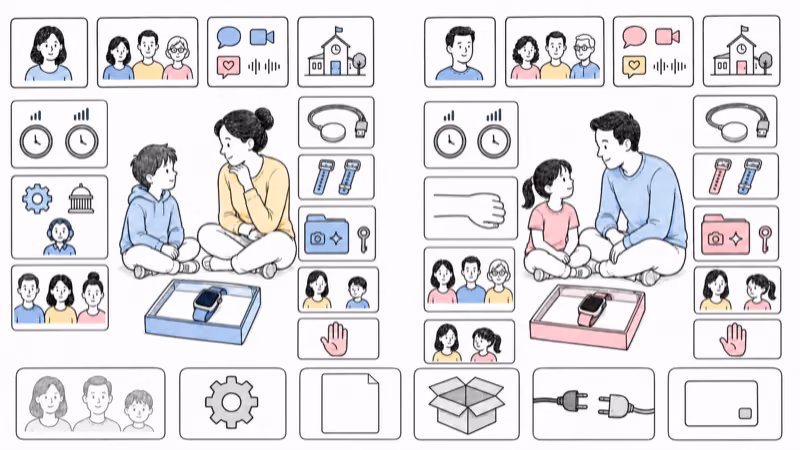 Wordless reversible family trial for two removable watches with child participation, caregiver roles, contacts, school controls, conditional location, geofences, removal alerts, SOS, public-emergency configuration, weak signal, charging, privacy, fallback, erase, return, and service cancellation