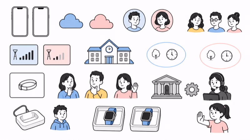 Wordless family planning illustration defining child participation, caregiver apps, service, necessary contacts, school permission, conditional location and removal alerts, help recipients, public-emergency access, charging, privacy, fallback, and stop conditions before comparing two watches