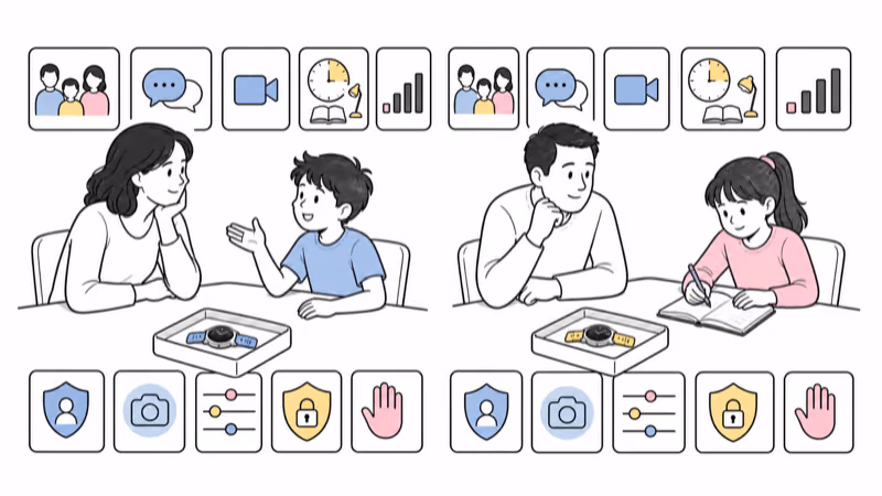 Wordless balanced illustration of approved communication and cameras, caregiver permissions, school and focus schedules, remaining help paths, activity features, uncertain signal, privacy, and child stop choice