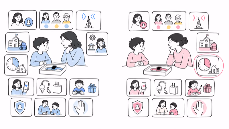 Wordless family planning illustration defining child participation, caregiver apps, service, necessary contacts, school permission, conditional location and Safe Zones, help recipients, public-emergency access, charging, privacy, fallback, and stop conditions before comparing two watches