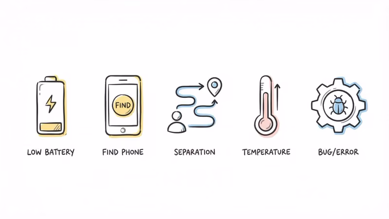 Notion hand-drawn illustration of five icons representing Tile beeping causes: low battery, find button, separation, temperature, and software glitch