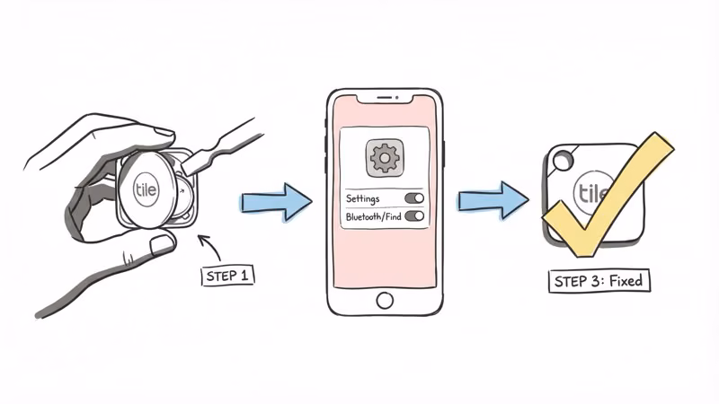 Notion hand-drawn illustration showing three troubleshooting steps: opening battery compartment, toggling app settings, and a fixed Tile with checkmark