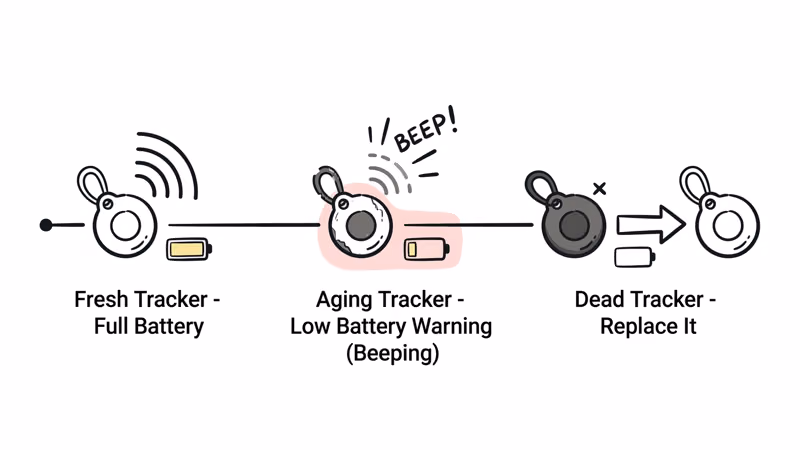 Old Tile tracker showing battery depletion signs indicating time for replacement