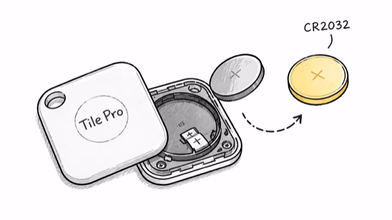 Tile Pro opened from the back with its CR2032 coin-cell battery lifted out for a do-it-yourself swap
