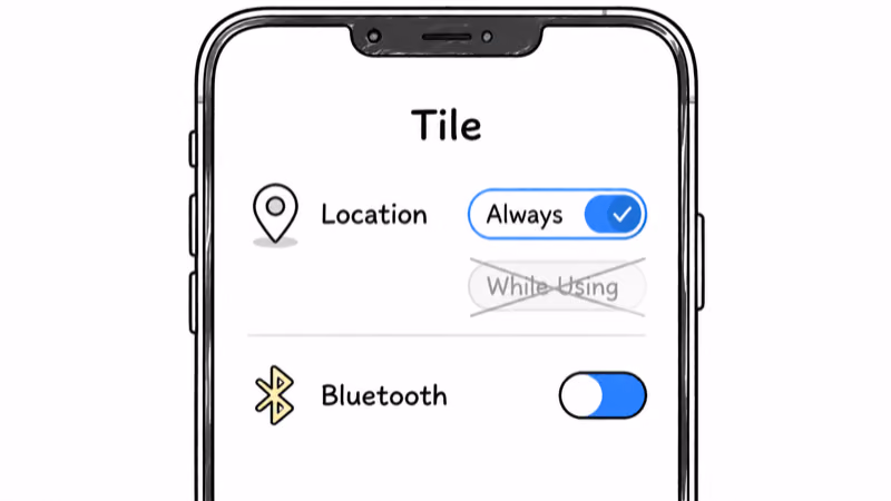 Tile app settings screen showing location set to Always and Bluetooth on so it won't drop the connection