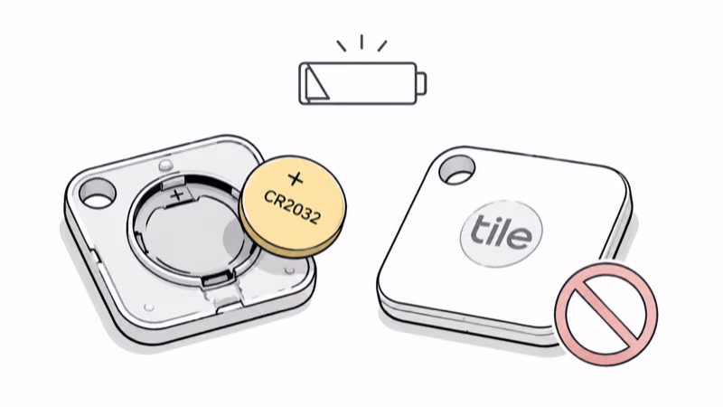 Replaceable Tile opened for a CR2032 coin-cell swap next to a sealed model that can't be opened