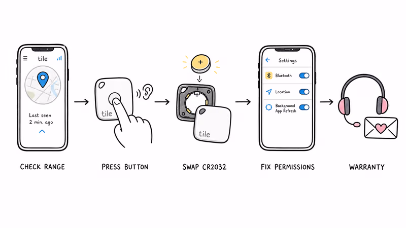 Notion hand-drawn illustration of five Tile troubleshooting steps: check range, test button, replace battery, fix permissions, and contact support