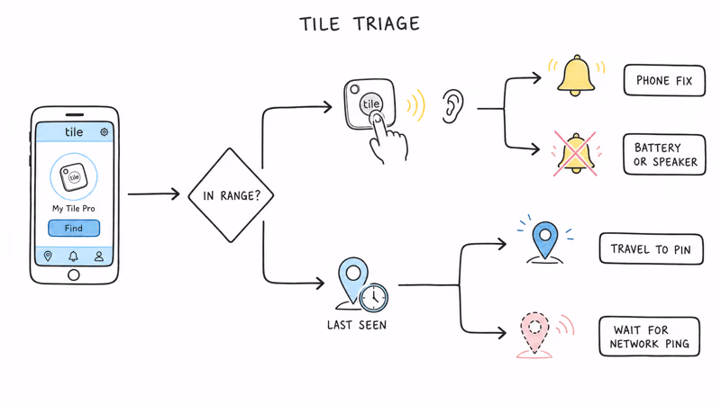 Notion hand-drawn decision-tree illustration: a Tile app entry point branches on whether the tag is in Bluetooth range; in-range path leads to a button-press hardware test that splits into phone-side fix vs battery/speaker fault, out-of-range path leads to a last-seen pin that splits into travel-to-pin vs wait-for-network-ping