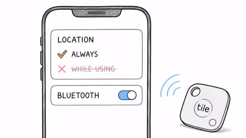 Phone settings with Tile location set to Always and Bluetooth on for background updates