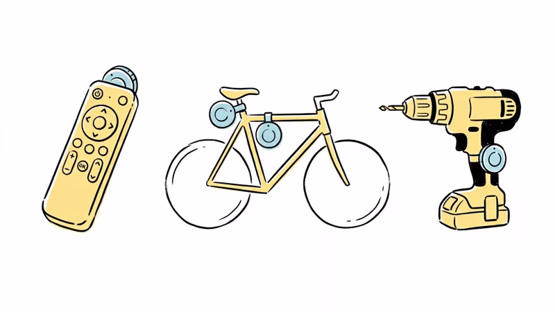 Tile Sticker attached to TV remote, bicycle frame, and power drill