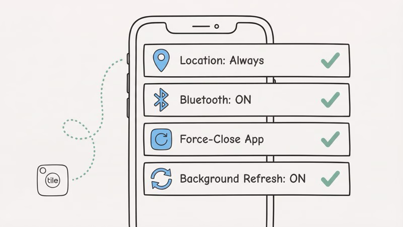 Phone settings for Tile showing location permissions and Bluetooth configuration
