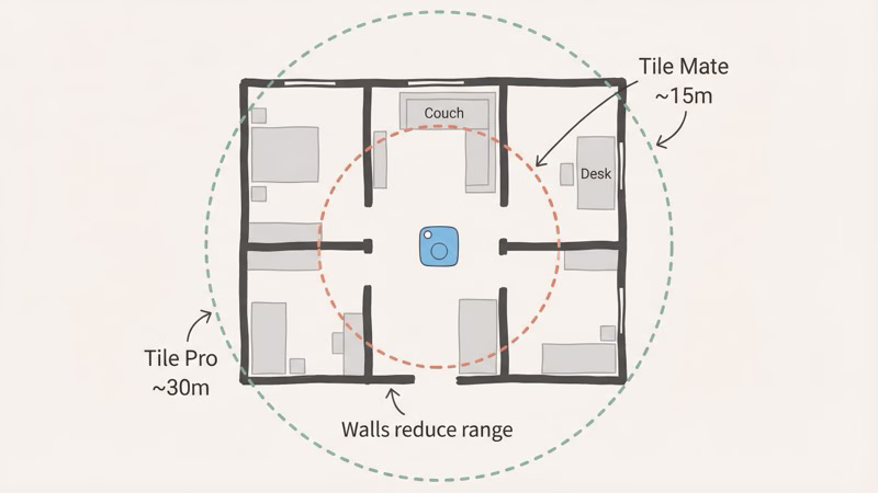 Tile Bluetooth range comparison showing rated vs real-world indoor range for each model