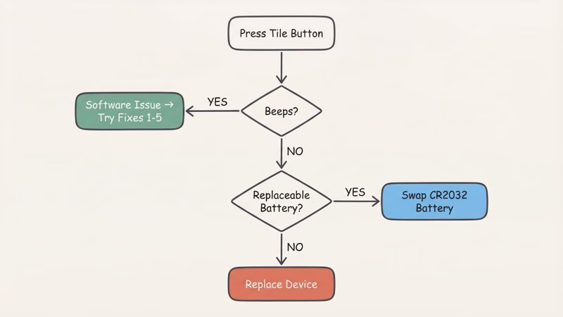 Decision flowchart for when to troubleshoot vs replace a Tile tracker