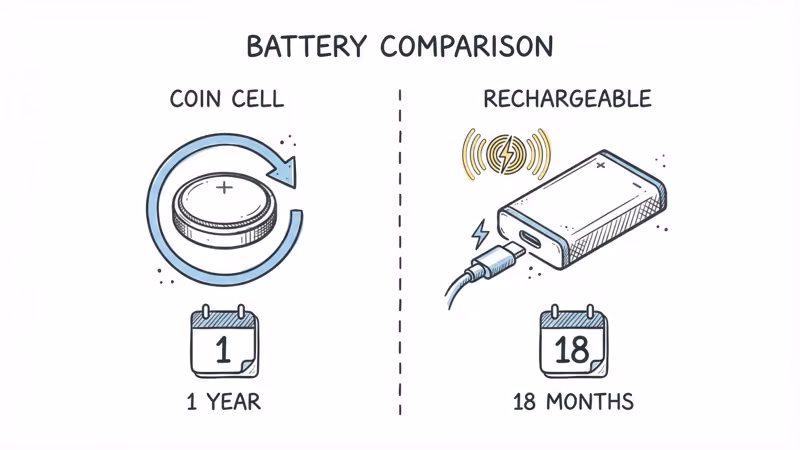 Battery type comparison showing Tile replaceable coin cell vs Pebblebee wireless rechargeable with lifespan