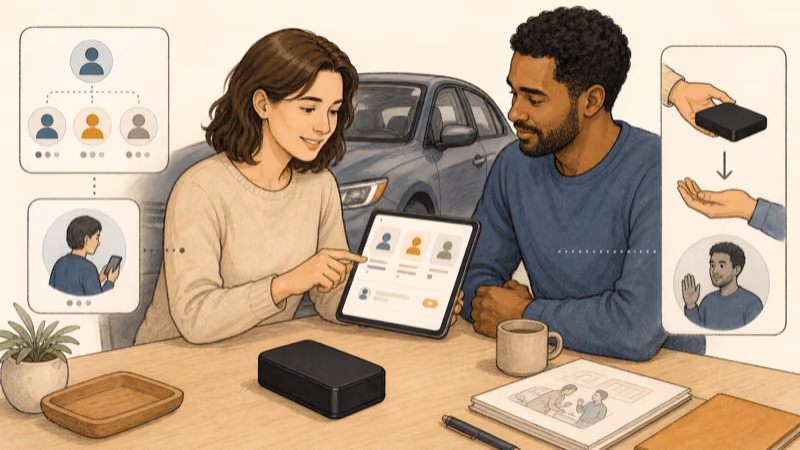 Wordless illustration of a vehicle owner and regular driver reviewing transparent tracker access and an end-of-use plan