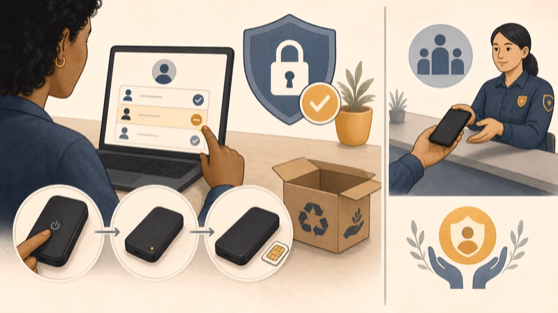Wordless illustration of an account viewer being removed, a rectangular tracker being powered down, and a calm public-safety handoff