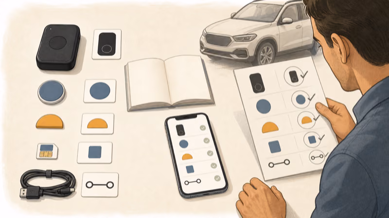 Wordless field-guide illustration matching a tracker label, official manual, SIM, charger, and app as one compatible set