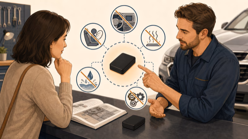 Wordless illustration of a visible tracker, vehicle manual, safety boundary, and professional service option without a hiding location