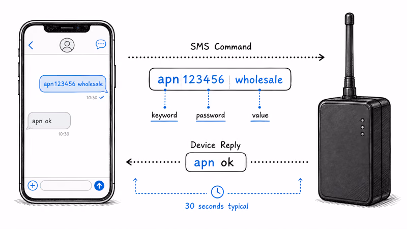 TK905 SMS command structure diagram showing keyword, password, and value format with examples