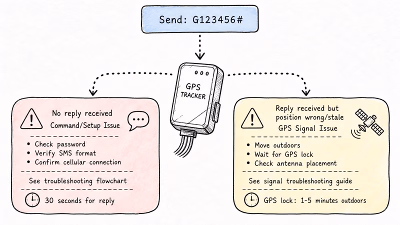 TK905 diagnostic flowchart using G123456# command to distinguish setup problems from signal problems