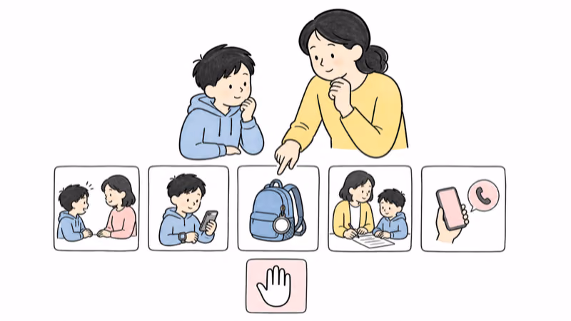 Wordless Notion-style illustration separating child check-ins, communication, backpack item finding, care planning, and emergency response without promising live tracking