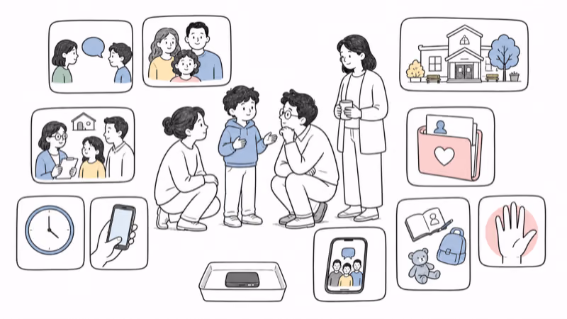 Wordless Notion-style family safety-plan illustration with trusted contacts, check-ins, meeting places, school coordination, an emergency card, and a device as secondary backup