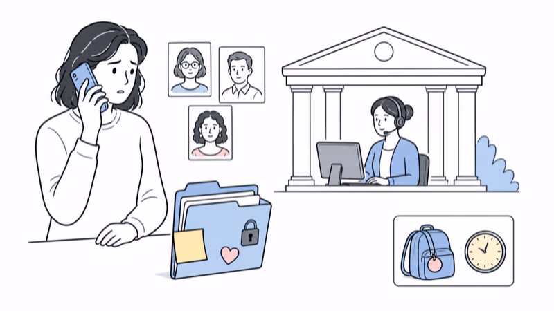 Wordless Notion-style illustration of a caregiver immediately contacting official responders with a child record while a device observation remains clearly secondary and non-live