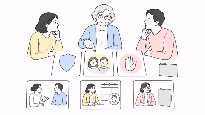 Wordless Notion-style illustration of an aging adult participating in a consent decision while family, care, health, and legal roles remain clearly separated