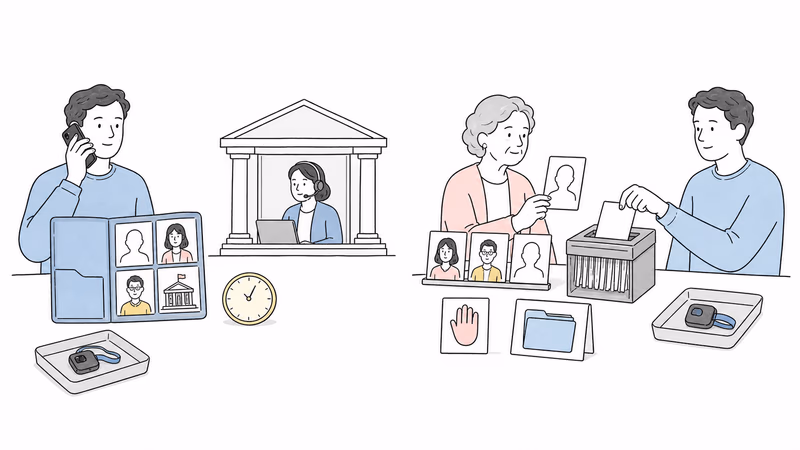Wordless Notion-style illustration showing an official missing-person response followed separately by consent-led access review, history removal, account closure, and device offboarding