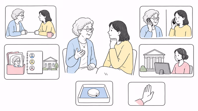 Wordless Notion-style illustration separating routine check-ins, communication, missing-person planning, and official response before choosing location technology