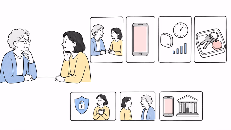 Wordless Notion-style decision illustration separating an agreed check-in, communication, conditional location observation, item finding, privacy, and official response without presenting any as guaranteed supervision