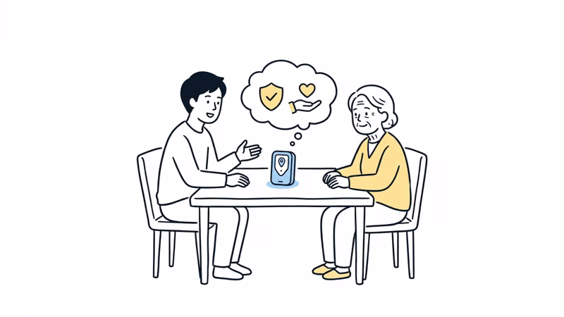 Family member having a caring conversation about GPS safety with elderly parent