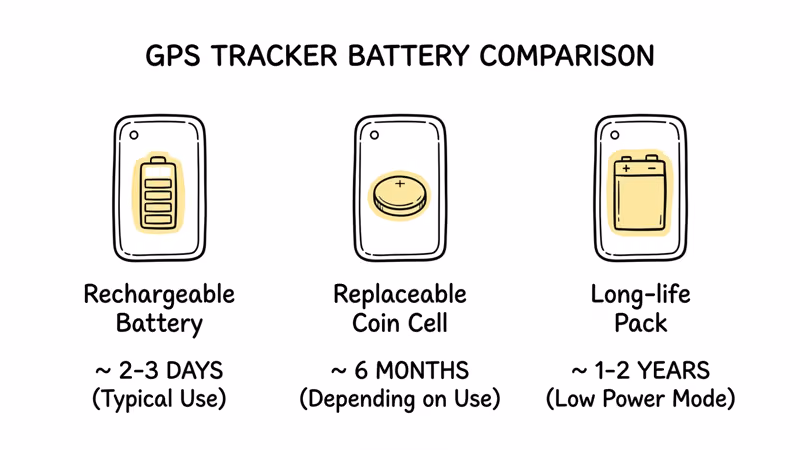 Tracki GPS tracker models side by side showing size and battery differences