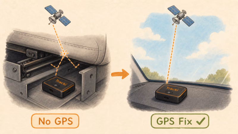 Tracki blocked under a metal seat rail showing No GPS versus a clean satellite fix on an open dashboard