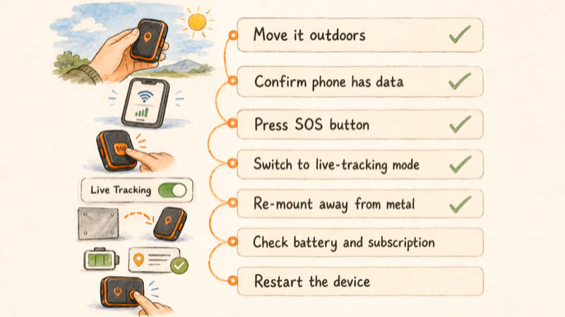Seven-step Tracki troubleshooting checklist from moving it outdoors to restarting the device with early steps checked off