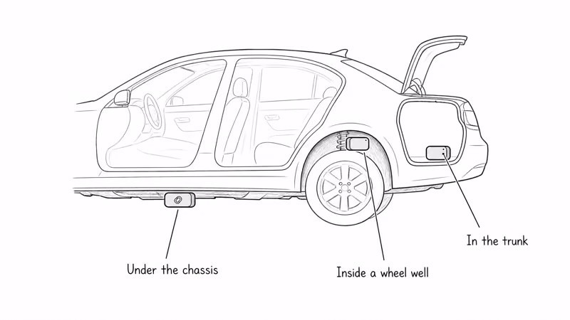 Side cutaway of a car marking hidden Tracki Pro spots under chassis, wheel well, trunk