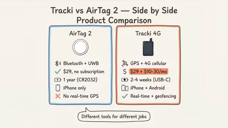 Tracki vs AirTag use case comparison for keys, vehicles, pets, and luggage