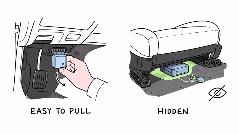 Bouncie easy to unplug from the OBD port versus Tracki Pro hidden under a car seat