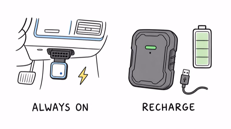 Bouncie always-on OBD power versus Tracki Pro rechargeable battery shown side by side