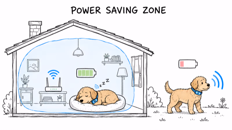 Dog asleep inside a home WiFi Power Saving Zone with idled tracker radios versus active tracking outdoors