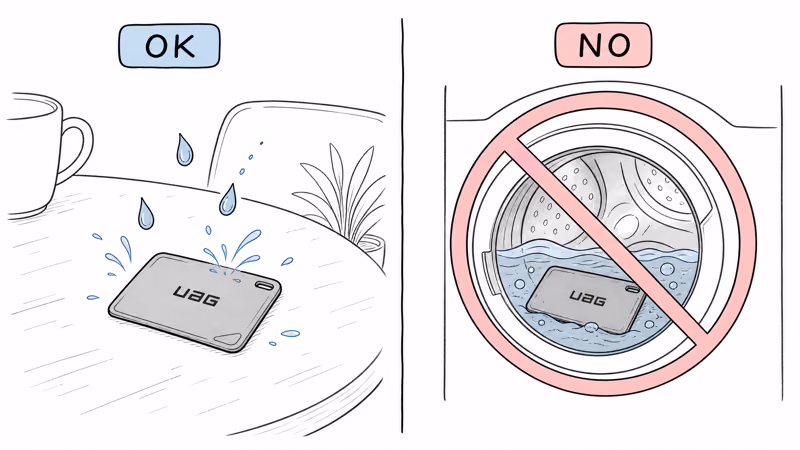 IPX4 splash test showing the UAG card surviving water droplets but not safe for a washing machine